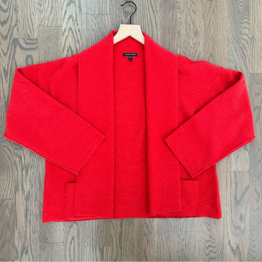 Eileen Fisher Lightweight Boiled Wool Kimono Sweater Jacket in Red Size Small